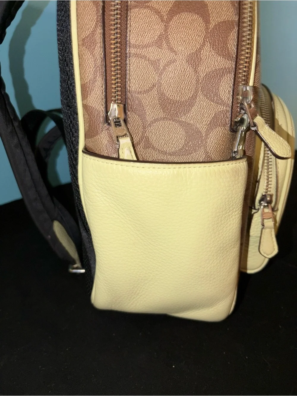Coach Brown Signature Canvas Backpack with Yellow Leather Trim